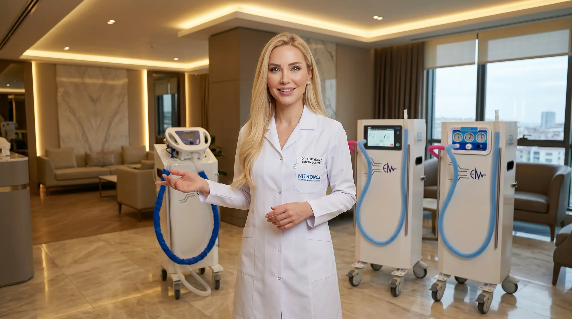 Klinikte Nitronox Plus sistemlerinin yanında duran hekim